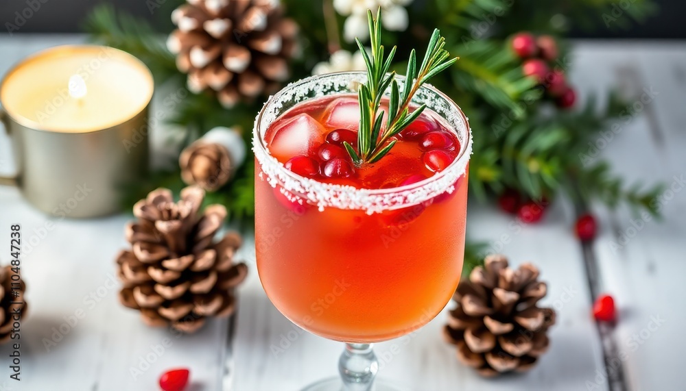 a festive holiday cocktail with a sugared rim, garnished with pomegranate seeds and a sprig of rosemary a festive holiday cocktail with a sugared rim, garnished with pomegranate seeds and a sprig of rosemary
