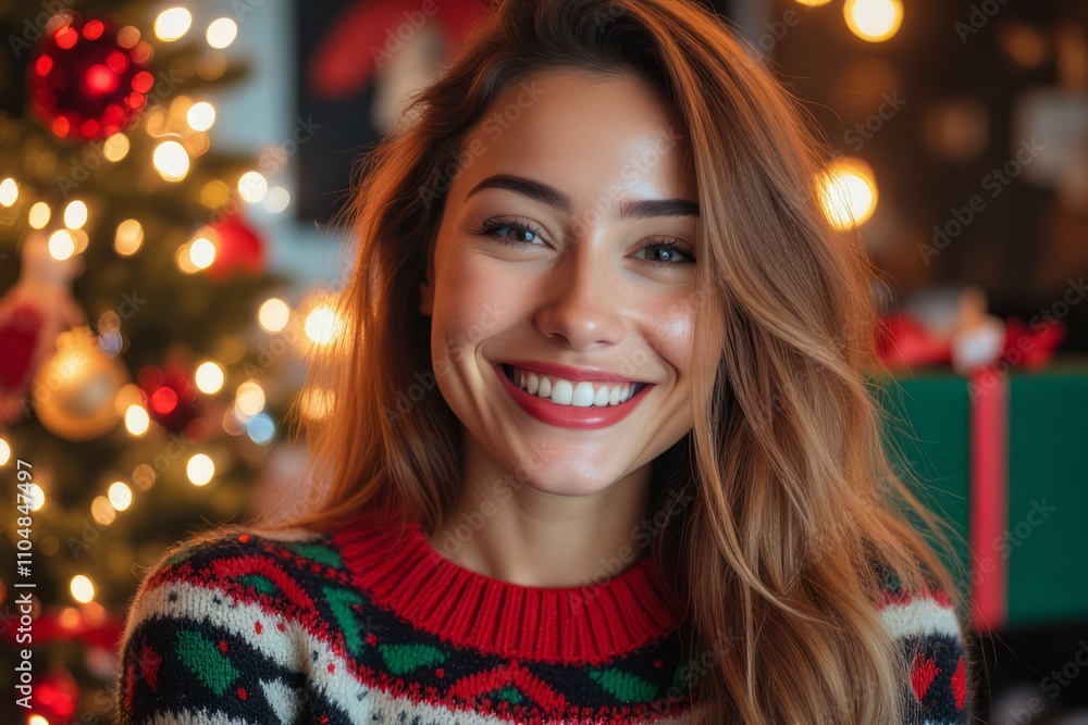 Woman Smiling Christmas Sweater Festive Lights Background Woman Smiling Christmas Sweater Festive Lights Background