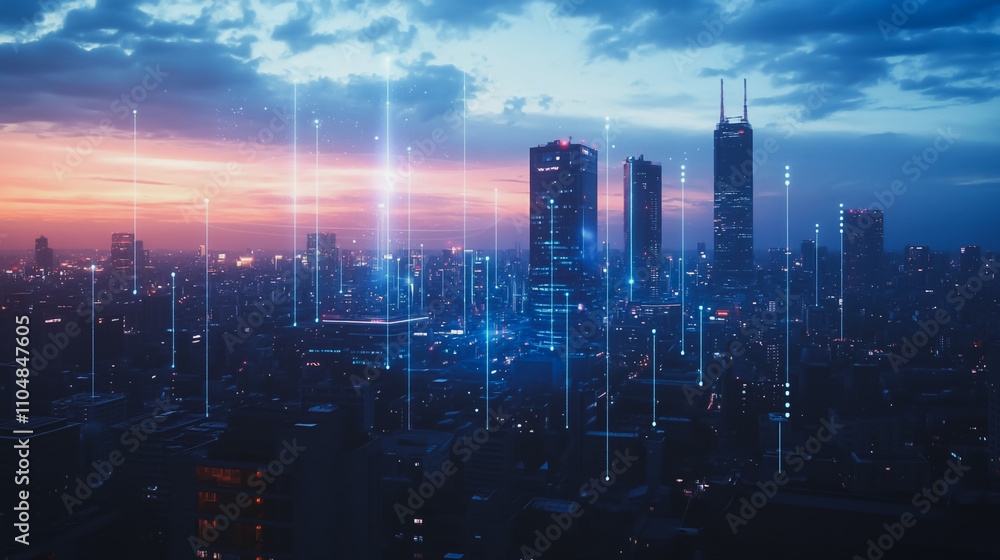  Smart digital city with connection cyber security network reciprocity over the twilight cityscape.future wireless digital city and social media networking systems that connects people within the city