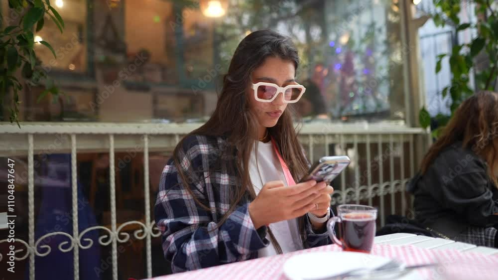 A Casual Young Woman Happily Engaging with Her Smartphone While in a Cozy Cafe Atmosphere A Casual Young Woman Happily Engaging with Her Smartphone While in a Cozy Cafe Atmosphere