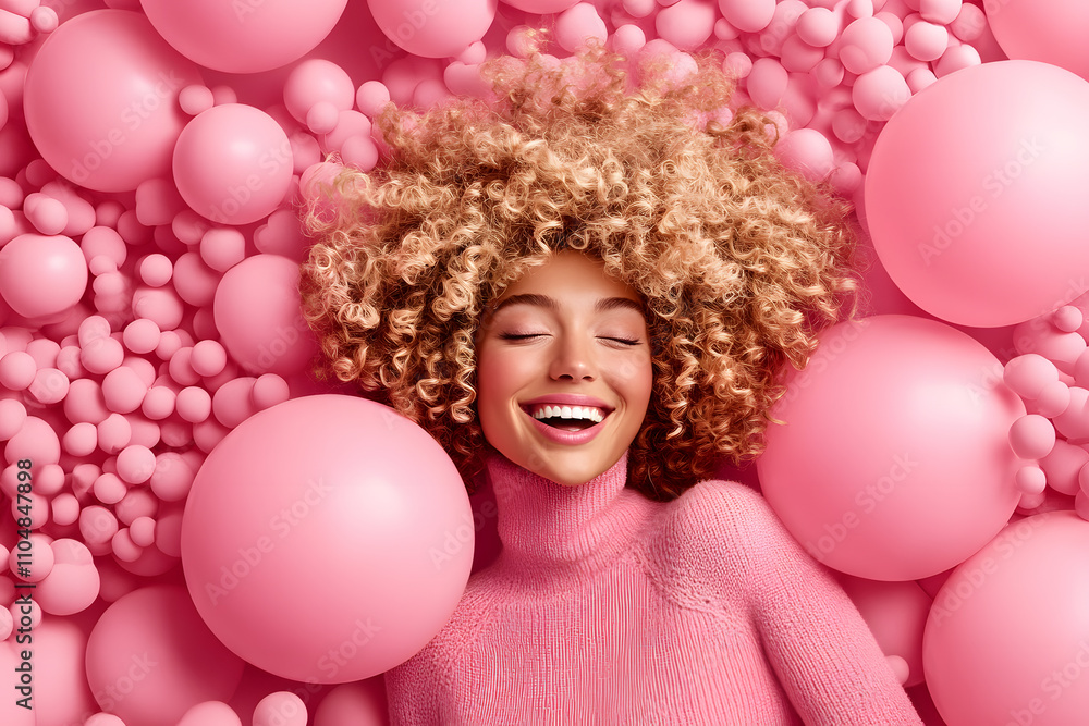 Obraz premium Joyful young woman among pink balloons indoor playful environment lifestyle portrait cheerful concept for brightening mood