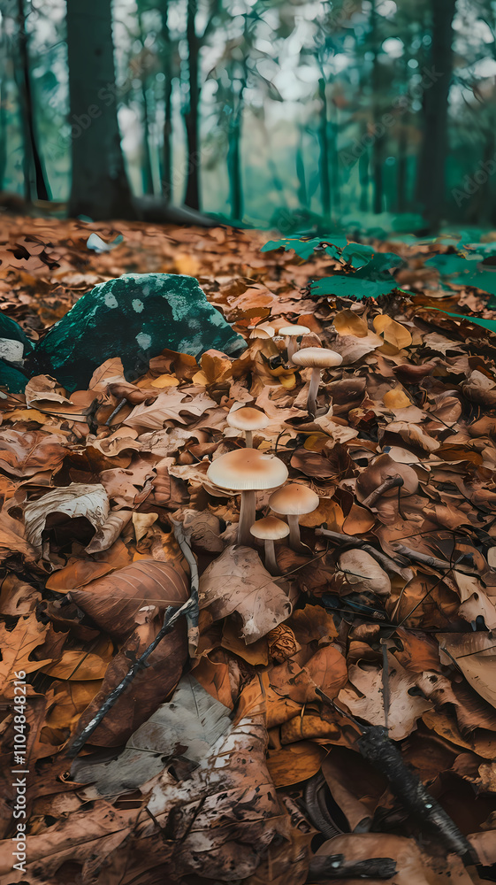 Obraz premium Mushrooms and Fallen Leaves on Forest Floor