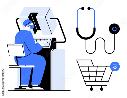 Healthcare worker at computer with monitor, stethoscope, and shopping cart indicating online services. Ideal for telemedicine, online health consultations, e-commerce, virtual shopping, medical