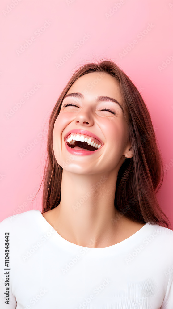Joyful woman laughing bright pink background portrait photography studio setting cheerful mood happiness concept for seo impact Joyful woman laughing bright pink background portrait photography studio setting cheerful mood happiness concept for seo impact