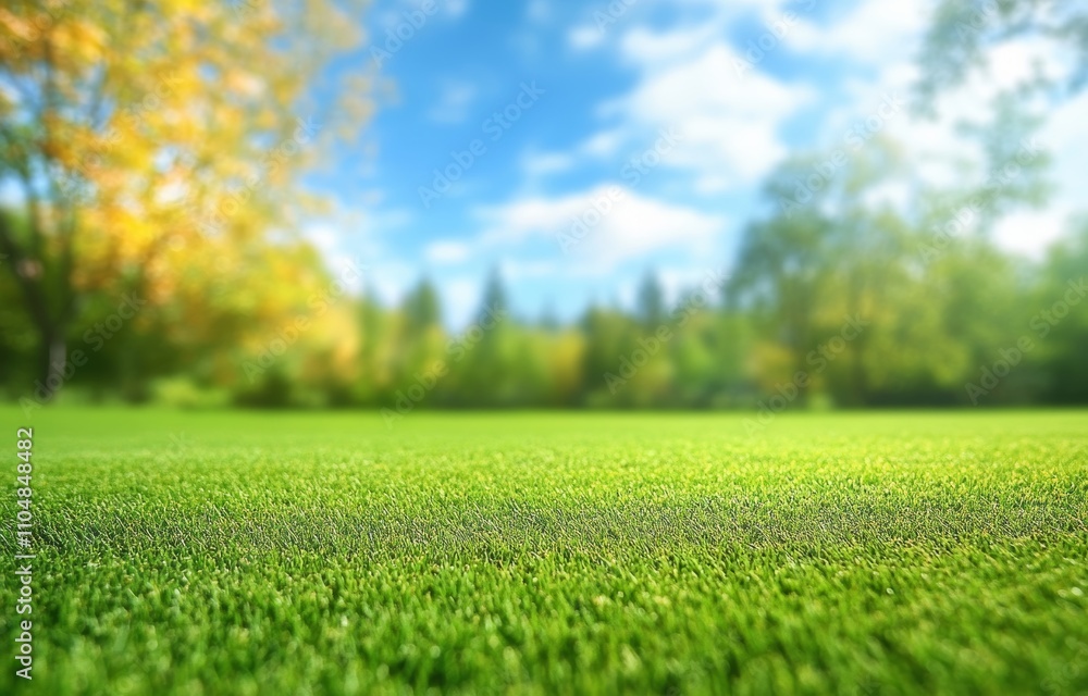 Lush Green Lawn in Spring Nature with Trees and Bright Blue Sky with Clouds Lush Green Lawn in Spring Nature with Trees and Bright Blue Sky with Clouds
