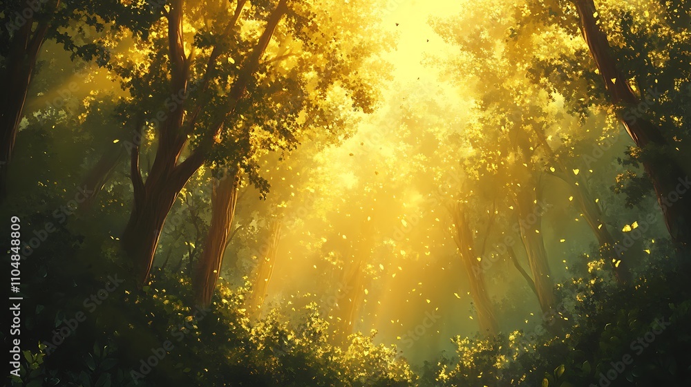Obraz premium A serene painting of a forest glowing with golden light filtering through the treetops. 