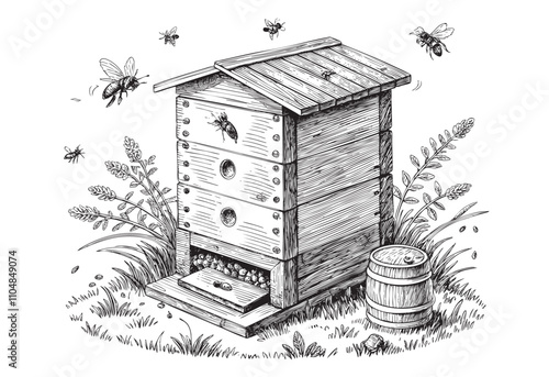 vintage wooden wood Hive with bees sketch hand dawn drawing vector illustration