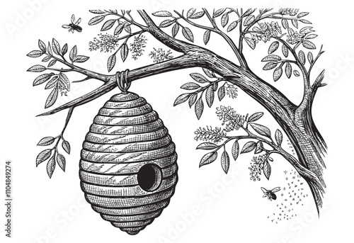 Hive bee in tree branch sketch hand dawn drawing vector illustration