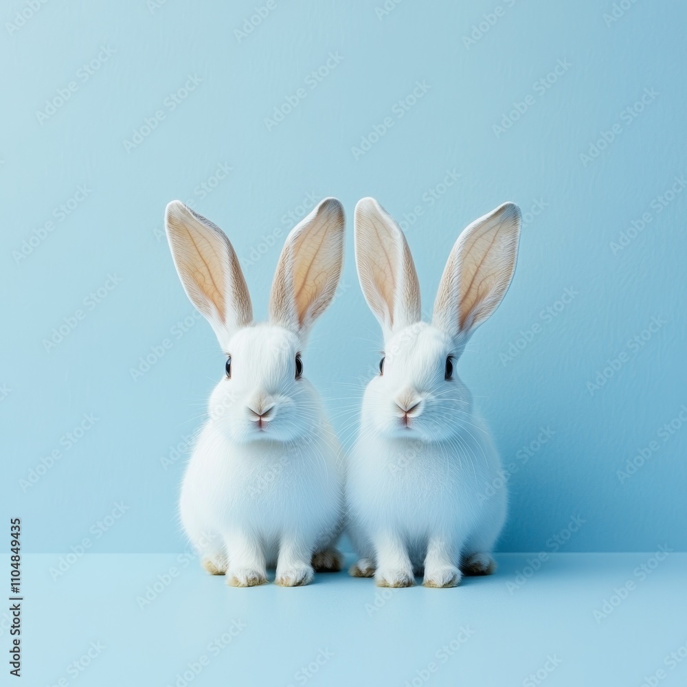 Obraz premium White Rabbits with Large Ears on Pastel Blue Background Minimalist Poster with Copy Space for Text