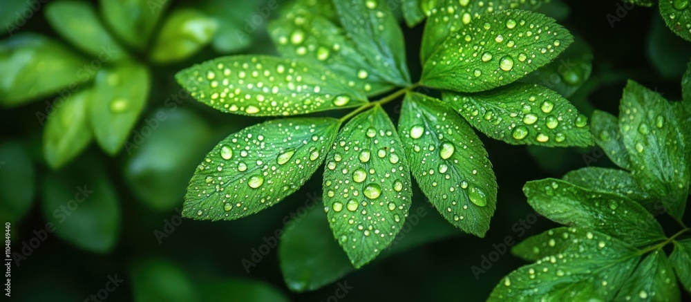 Close-up of lush green leaves with water droplets. Close-up of lush green leaves with water droplets.