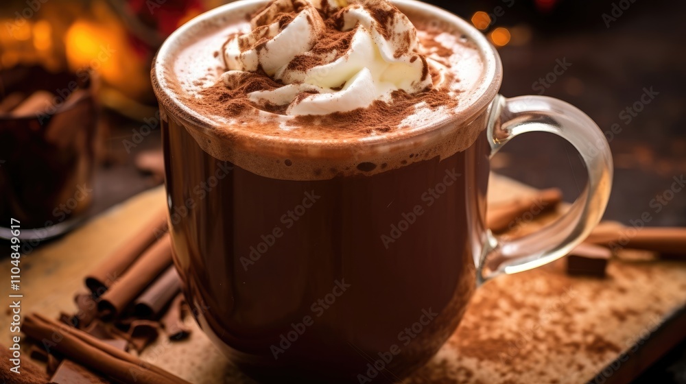 Big mug of hot chocolate with cream and cocoa powder on top with cinnamon sticks on wooden table Big mug of hot chocolate with cream and cocoa powder on top with cinnamon sticks on wooden table