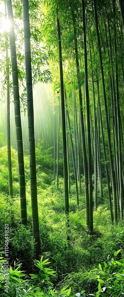 Obraz premium Serene bamboo forest bathed in sunlight, lush green foliage, tranquil atmosphere, peaceful nature scene.