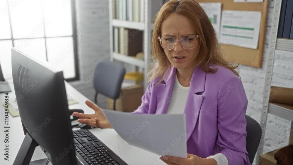 Woman in purple blazer reading document at desk with computer in modern office setting, expressing confusion or frustration amidst organized interior surroundings Woman in purple blazer reading document at desk with computer in modern office setting, expressing confusion or frustration amidst organized interior surroundings