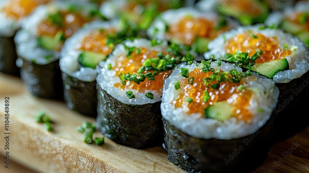 Close-up of fresh sushi rolls with salmon, cucumber, and avocado, topped with fish roe and green onions, on a wooden cutting board. Close-up of fresh sushi rolls with salmon, cucumber, and avocado, topped with fish roe and green onions, on a wooden cutting board.