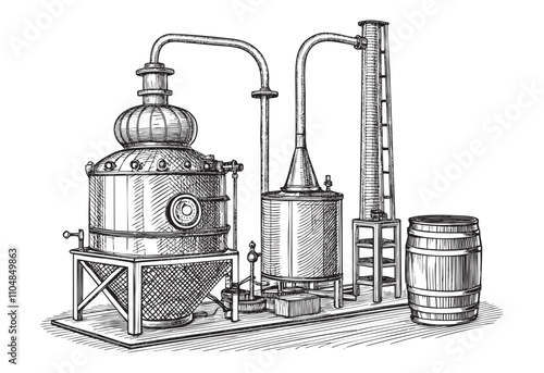 Industrial equipment from copper tanks for distillation of alcohol sketch hand dawn drawing vector illustration