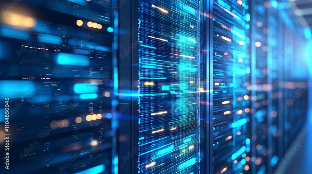 High-tech data servers with glowing blue lights High-tech data servers with glowing blue lights
