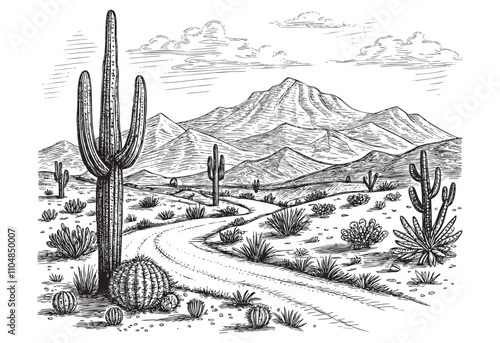 dessert landscape scene cactus sketch hand dawn drawing vector illustration