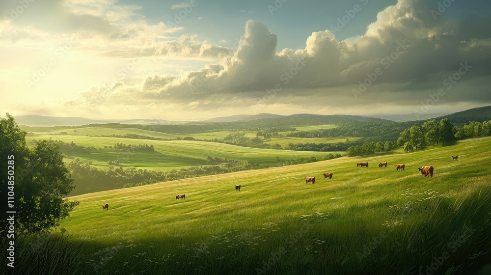 Obraz premium Serene landscape with rolling hills and grazing cattle under a dramatic sky.