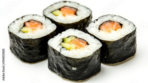 A close-up of sushi rolls featuring salmon and cucumber wrapped in seaweed.