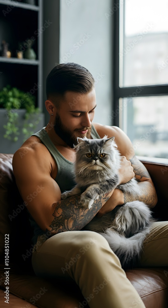 handsome muscular man hugging cute grey persian cat on couch in living room at home, Adorable domestic pet concept. handsome muscular man hugging cute grey persian cat on couch in living room at home, Adorable domestic pet concept.