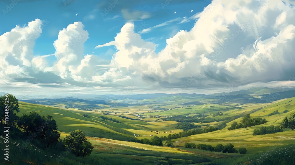 Fototapeta premium A tranquil landscape with green hills stretching into the distance beneath a serene, cloud-filled sky. 