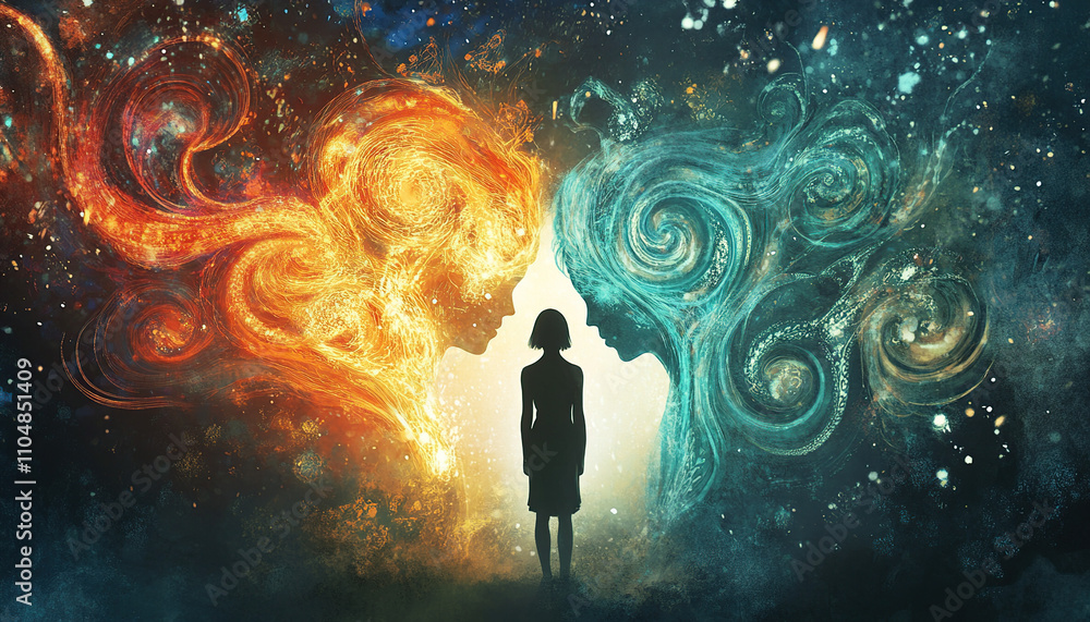 Fototapeta premium Two silhouettes in conflict surrounded by swirling energy of fire and water