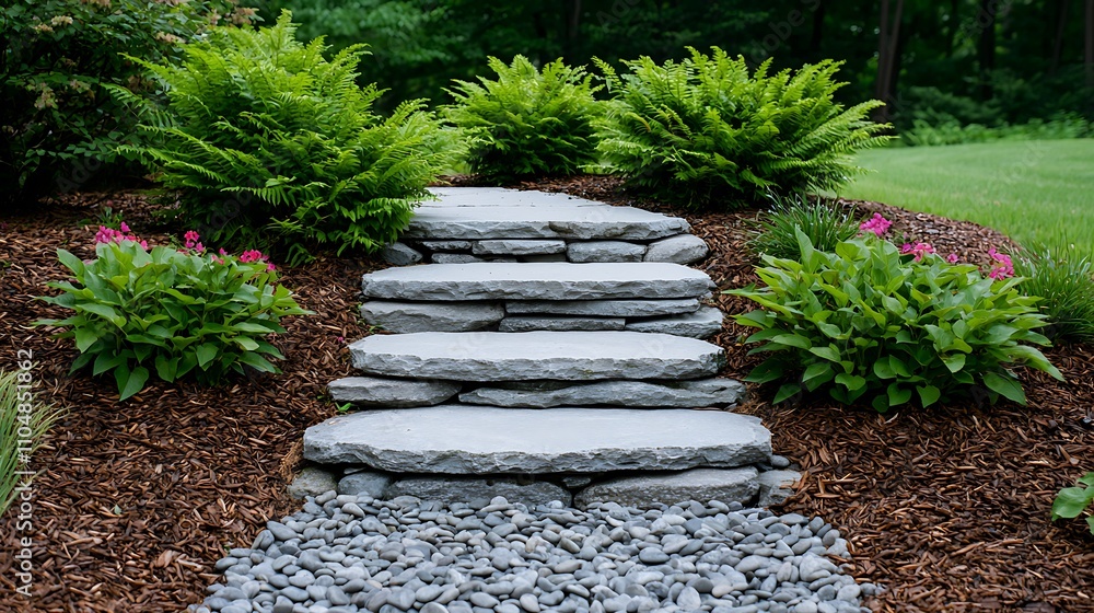 Obraz premium Refreshing garden pathway serene floral steps in a tranquil outdoor setting
