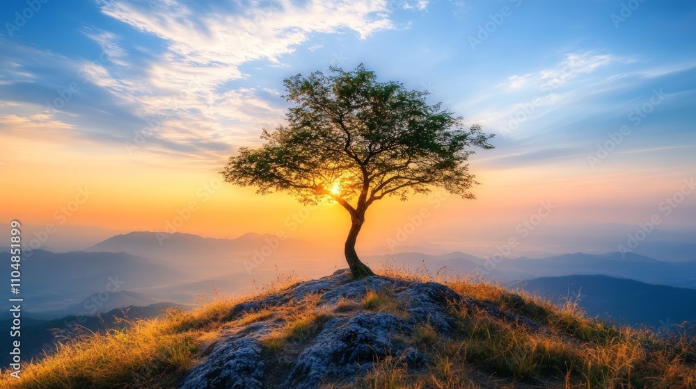 Lone Tree at Sunset on Hilltop, a solitary tree atop a hill during sunset, overlooking a vast valley, capturing the essence of tranquility and solitude in nature. Lone Tree at Sunset on Hilltop, a solitary tree atop a hill during sunset, overlooking a vast valley, capturing the essence of tranquility and solitude in nature.