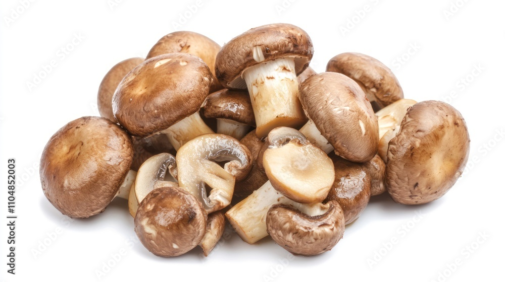 A pile of fresh brown mushrooms showcasing their natural texture and color. A pile of fresh brown mushrooms showcasing their natural texture and color.