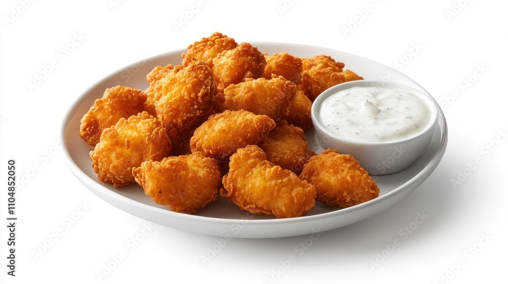 A plate of golden fried chicken nuggets served with a creamy dipping sauce. A plate of golden fried chicken nuggets served with a creamy dipping sauce.