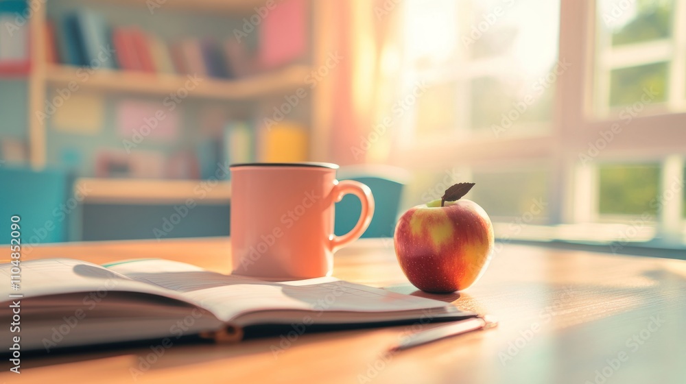 A cozy scene with a pink mug, an apple, and an open notebook on a sunlit table. A cozy scene with a pink mug, an apple, and an open notebook on a sunlit table.