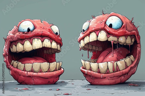 Two cartoonish monster faces with exaggerated features, vibrant colors, and playful expressions showcasing oversized eyes and large, dripping mouths in an abstract background. photo