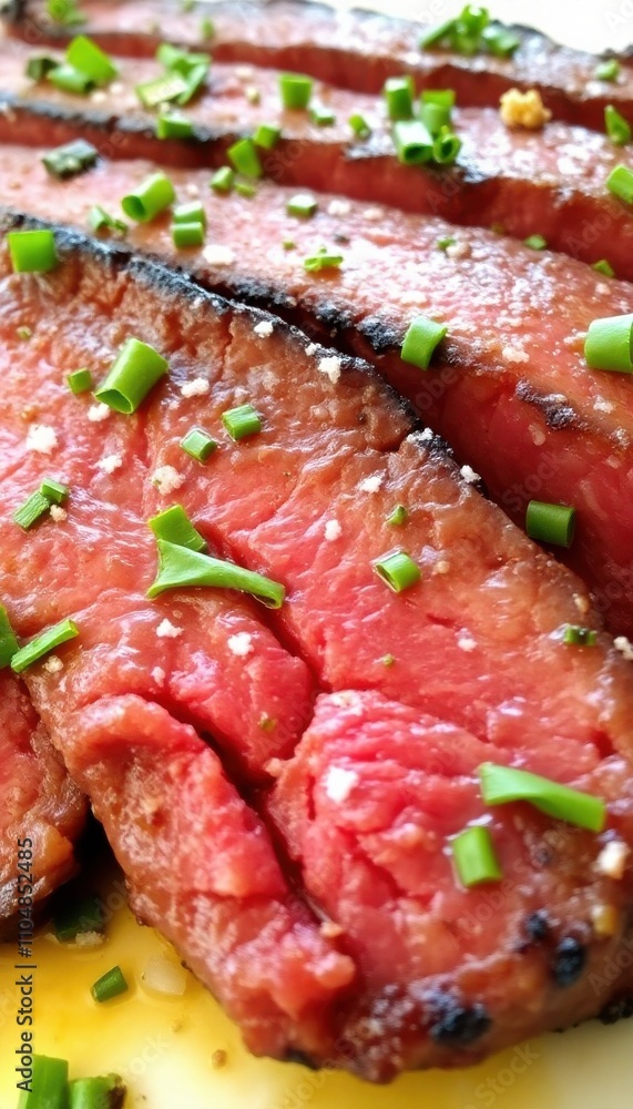a juicy, sliced beef steak with visible grill marks, topped with chopped green herbs and coarse salt a juicy, sliced beef steak with visible grill marks, topped with chopped green herbs and coarse salt