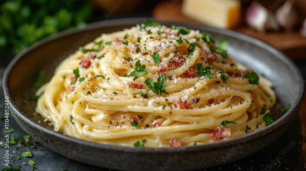 A plate of spaghetti carbonara with parmesan cheese, bacon, and parsley. A plate of spaghetti carbonara with parmesan cheese, bacon, and parsley.