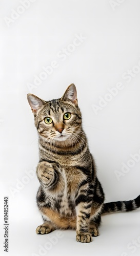 Tabby cat is raising his paw up, funny cat with raised paw, white background with copy space