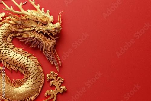 Golden dragon sculpture on vibrant red background, symbolizing power and prosperity in Asian culture. Decorative and artistic representation of strength. photo