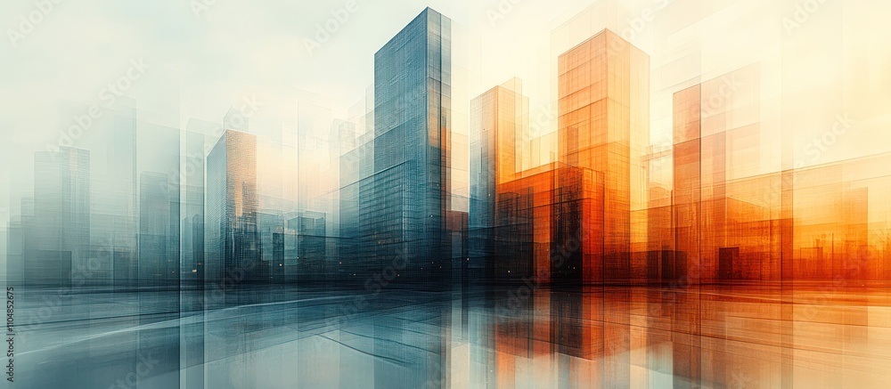 Abstract city skyline with blurred buildings and reflections. Abstract city skyline with blurred buildings and reflections.