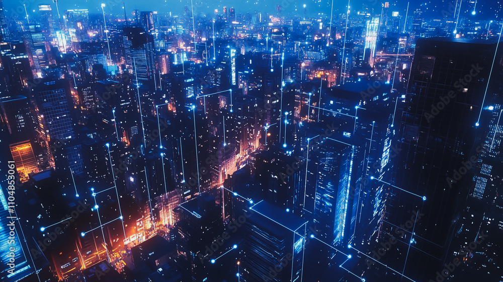 Smart digital city with connection cyber security network reciprocity over the twilight cityscape.future wireless digital city and social media networking systems that connects people within the city Smart digital city with connection cyber security network reciprocity over the twilight cityscape.future wireless digital city and social media networking systems that connects people within the city