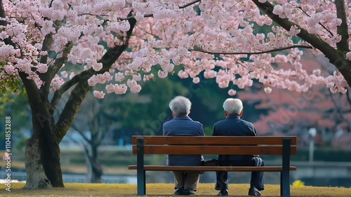 Happy senior old Asian couple sitting on a bench under Japanese sakura blossoms in spring
