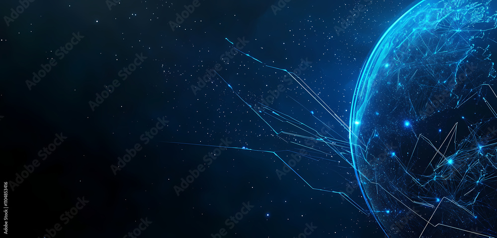 Digital representation of Earth surrounded by blue glowing data points and geometric lines, symbolizing technology, global networks, and advanced communication systems. Digital representation of Earth surrounded by blue glowing data points and geometric lines, symbolizing technology, global networks, and advanced communication systems.