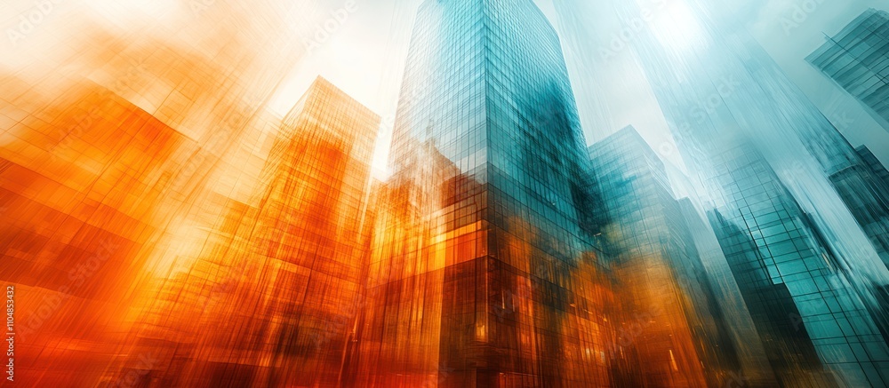 Abstract view of skyscrapers with orange and blue hues, emphasizing the sense of movement and modern architecture. Abstract view of skyscrapers with orange and blue hues, emphasizing the sense of movement and modern architecture.