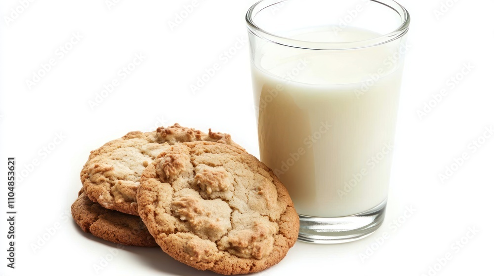 A glass of milk beside freshly baked cookies on a white background. A glass of milk beside freshly baked cookies on a white background.
