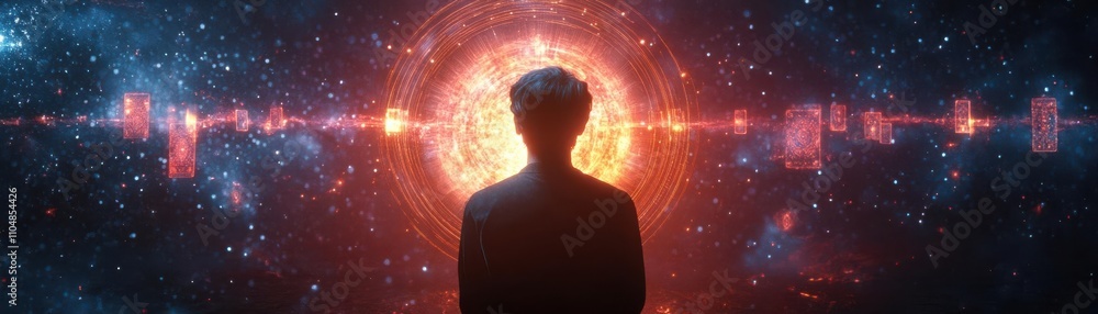 A holographic tarot reader facing away, immersed in cosmic ambiance, ethereal tarot cards illuminated with sacred futurism, enchanting CG 3D intricacy, infused with cyber mysticism A holographic tarot reader facing away, immersed in cosmic ambiance, ethereal tarot cards illuminated with sacred futurism, enchanting CG 3D intricacy, infused with cyber mysticism