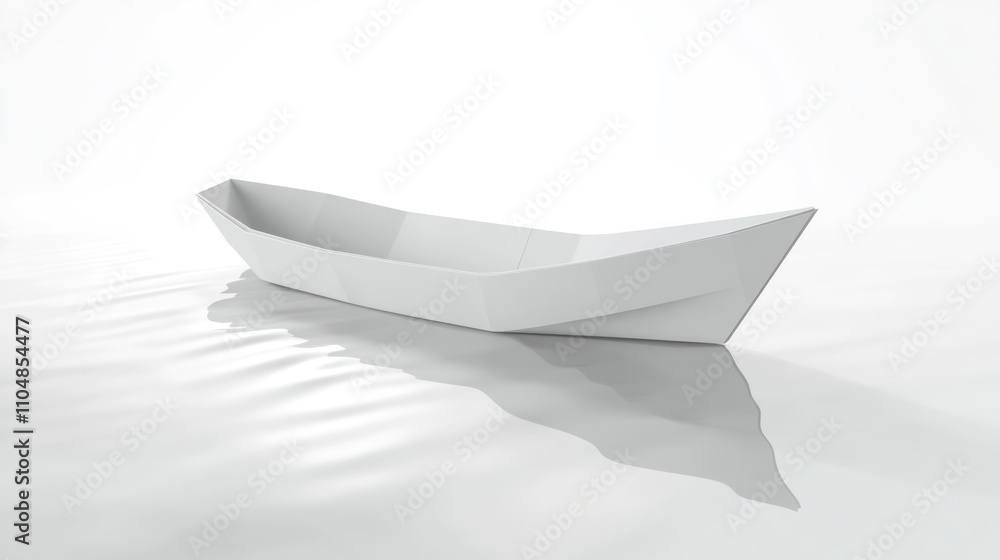 A minimalist, white, geometric boat design on a reflective surface. A minimalist, white, geometric boat design on a reflective surface.