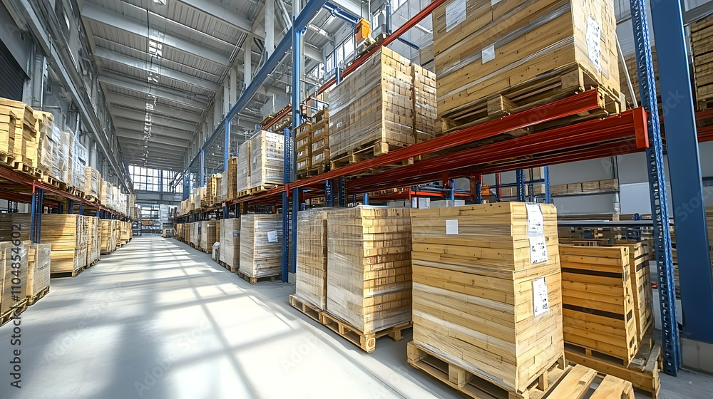 Industrial Warehouse, Rows of Pallets Stacked High with Wooden Goods, Sunlight Streaming Through High Ceilings Industrial Warehouse, Rows of Pallets Stacked High with Wooden Goods, Sunlight Streaming Through High Ceilings