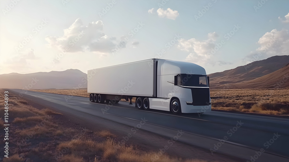 White Semi-Truck Drives on Desert Highway at Sunset, Cargo Transport, Logistics, Freight Delivery, Scenic Route, Modern Vehicle, Road Trip, Transportation Industry White Semi-Truck Drives on Desert Highway at Sunset, Cargo Transport, Logistics, Freight Delivery, Scenic Route, Modern Vehicle, Road Trip, Transportation Industry
