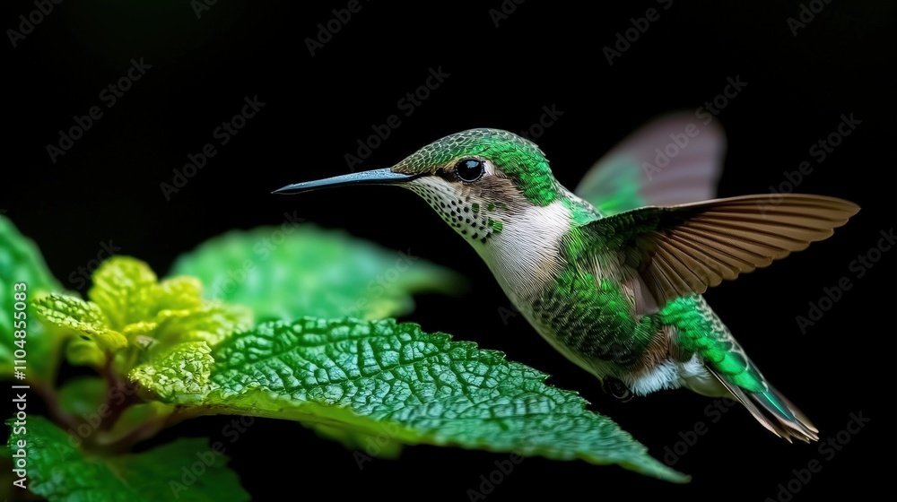 Obraz premium Vibrant Green Hummingbird Hovering Near Lush Green Leaves Black Background