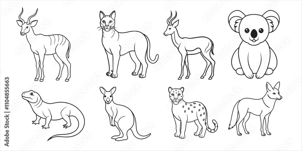Set of hand-drawn line art illustrations of jungle animals & plants Set of hand-drawn line art illustrations of jungle animals & plants
