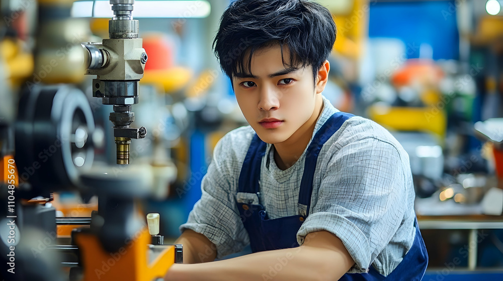 Young Asian Machinist Working on Industrial Machine; Focused Craftsman in Factory Setting; Precision Engineering Expertise Young Asian Machinist Working on Industrial Machine; Focused Craftsman in Factory Setting; Precision Engineering Expertise