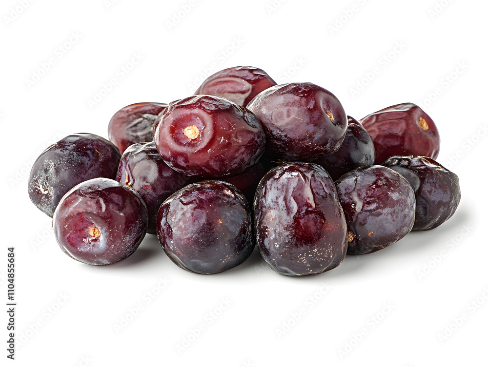 Obraz premium A pile of dark purple grapes arranged on a white background.